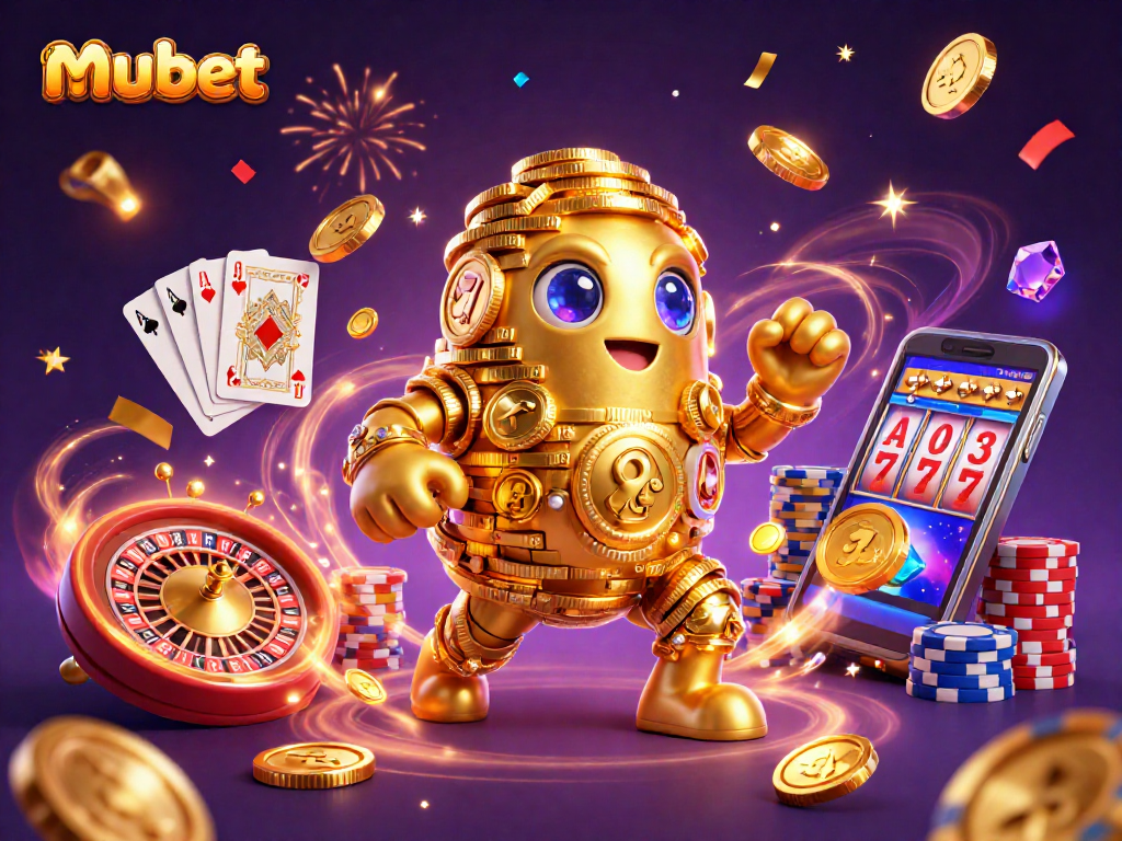Join the excitement at mubet, featuring a vibrant casino scene with animated characters and game elements.
