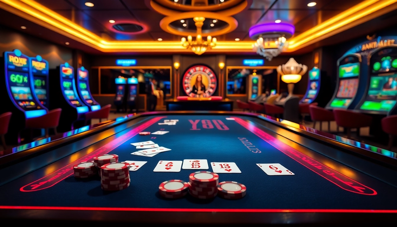 Engaging scene of online gambling with ALO789 bet focus, featuring digital tables and vibrant slot machines.