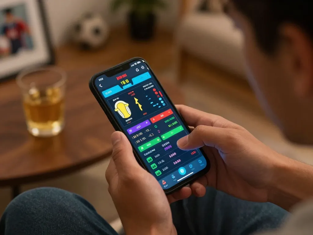 Person engaging in sports betting via the Kwin app, showcasing colorful charts and strategy notes.
