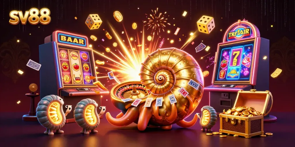 Experience casino excitement with sv88's immersive gaming scenes featuring a giant nautilus and glowing ammonite companions.