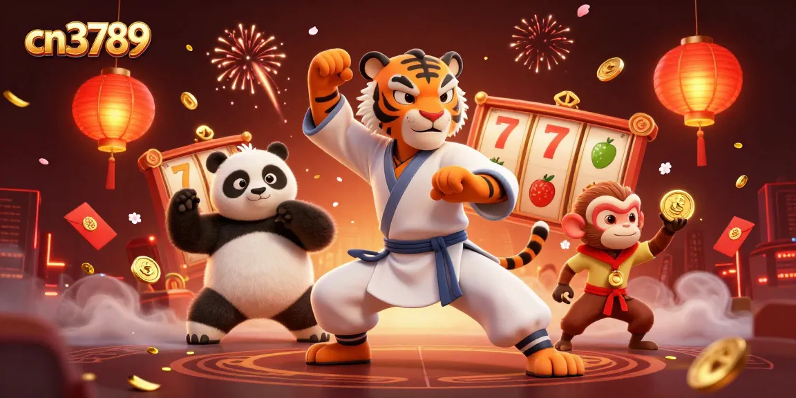 Experience the thrill of cn3789 with a kung fu tiger, panda, and monkey in a vibrant casino scene.