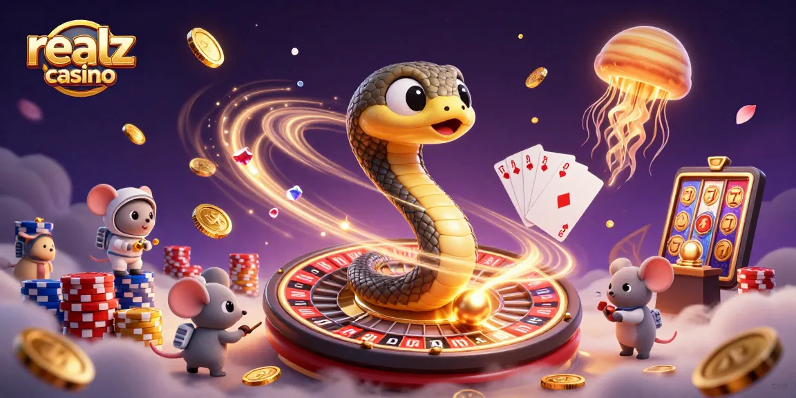 Enter the thrilling realm of realz casino with a cosmic roulette scene featuring vibrant characters and sparkling treasures.