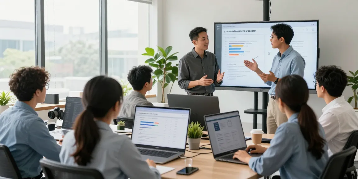 Transparente Diskussion zur Bewertung der Arbeitskultur in einem modernen Büro mit diverser Teamzusammenarbeit.