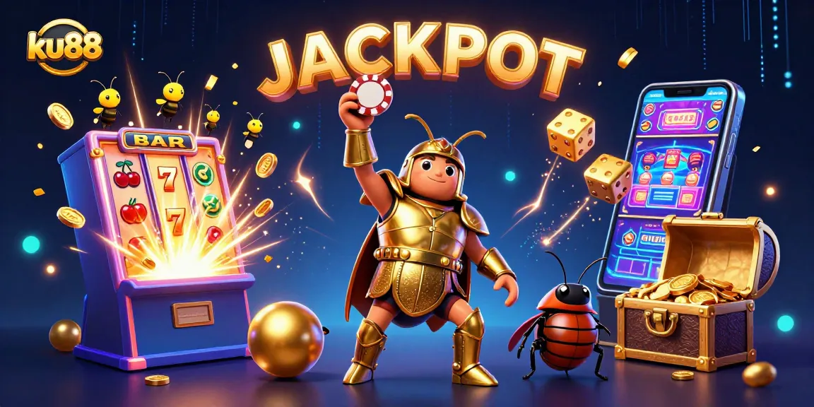 Experience thrilling wins at ku88 with a hercules beetle in a victory pose amidst casino excitement.
