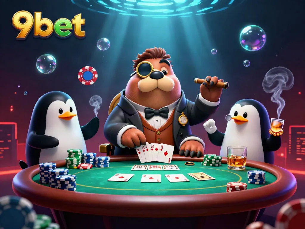 Experience the thrilling poker action at 9bet with a jolly walrus, sophisticated dealer, and bluffing pufferfish.