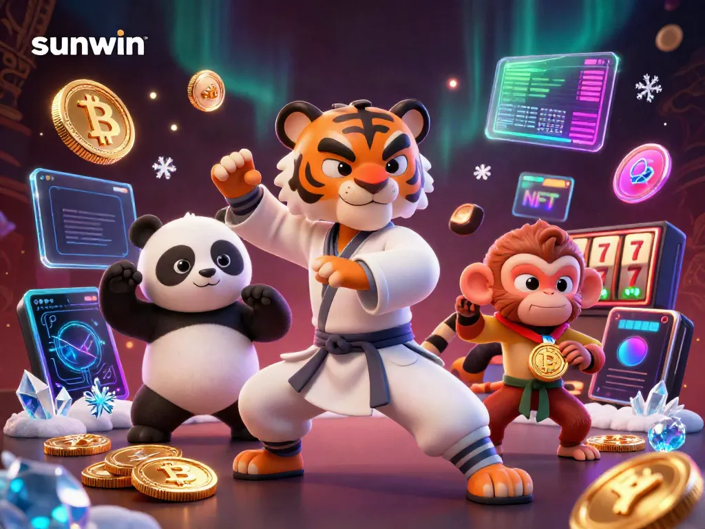 Experience the excitement of sunwin gaming with a dynamic illustration of a kung fu tiger, panda, and monkey in a rich casino scene.
