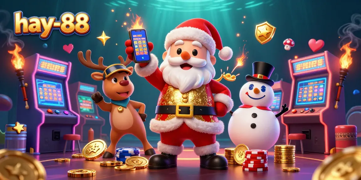 Experience the excitement of the casino at hay-88 with Santa, reindeer, and a snowman amidst vibrant gaming elements.