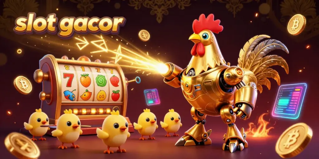 Experience the excitement of slot gacor with a vibrant illustration featuring a golden rooster robot and lucky slot symbols.