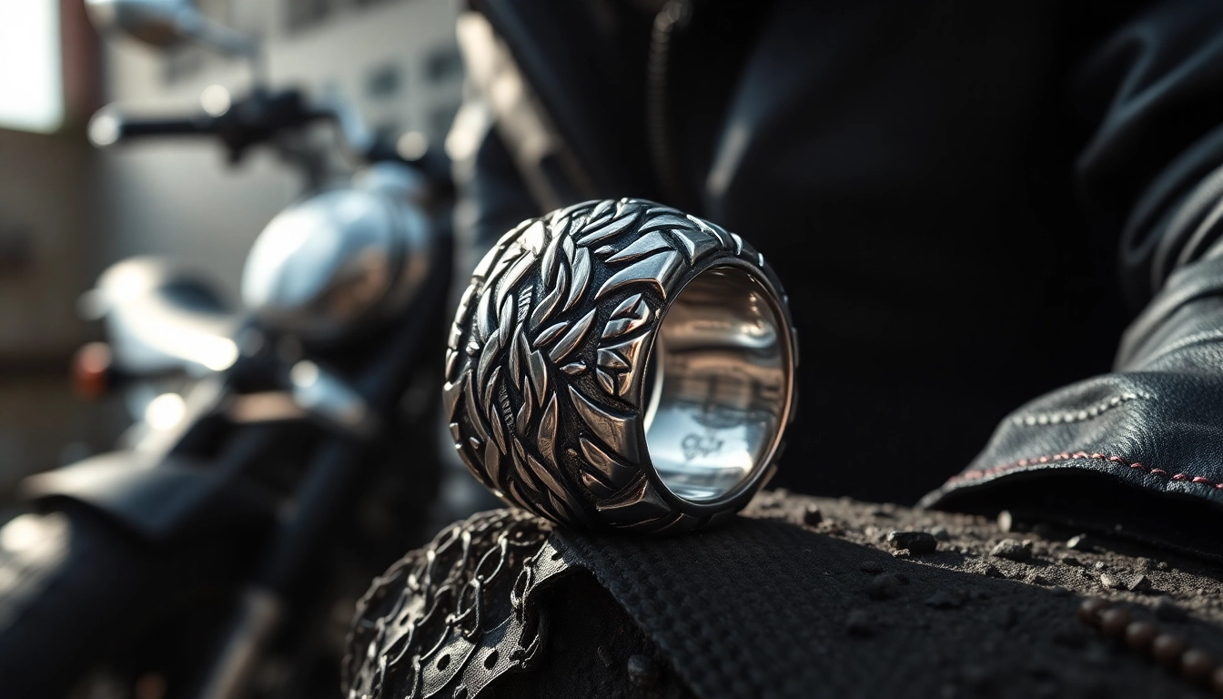 Bikerring in detail, showcasing its intricate design on a rugged background.