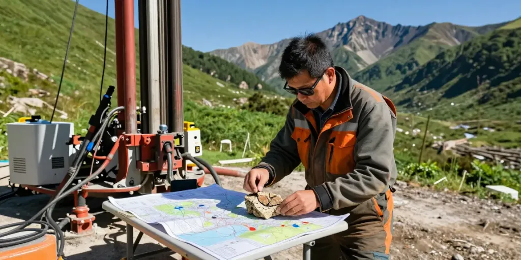 Geothermie: Geologe untersucht Gesteinsproben bei einer Bohrung in den Bergen.