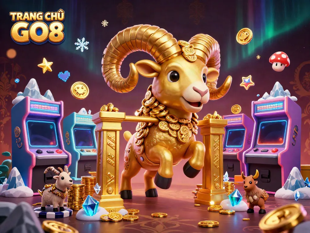 Engage with TRANG CHỦ GO8 through a dynamic 3D casino scene featuring a golden ram.