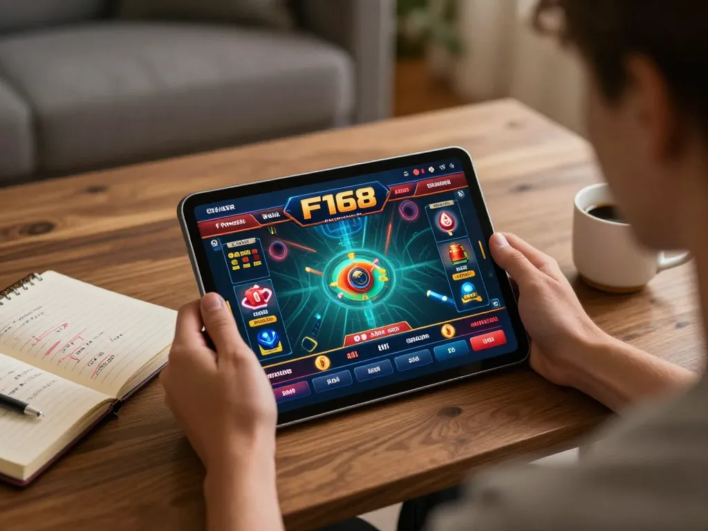 Engaging with F168 online casino app on a cozy home setup, showcasing dynamic gameplay.