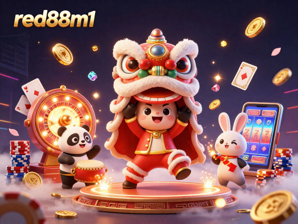 Experience thrilling gaming at red88m1 with a vibrant lion dance casino illustration bursting with energy.