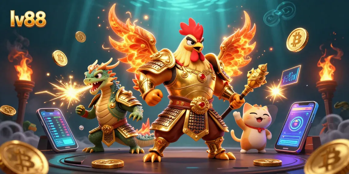 Engage with lv88 in a colorful and dynamic illustration featuring a rooster warrior and dragon in a casino environment.