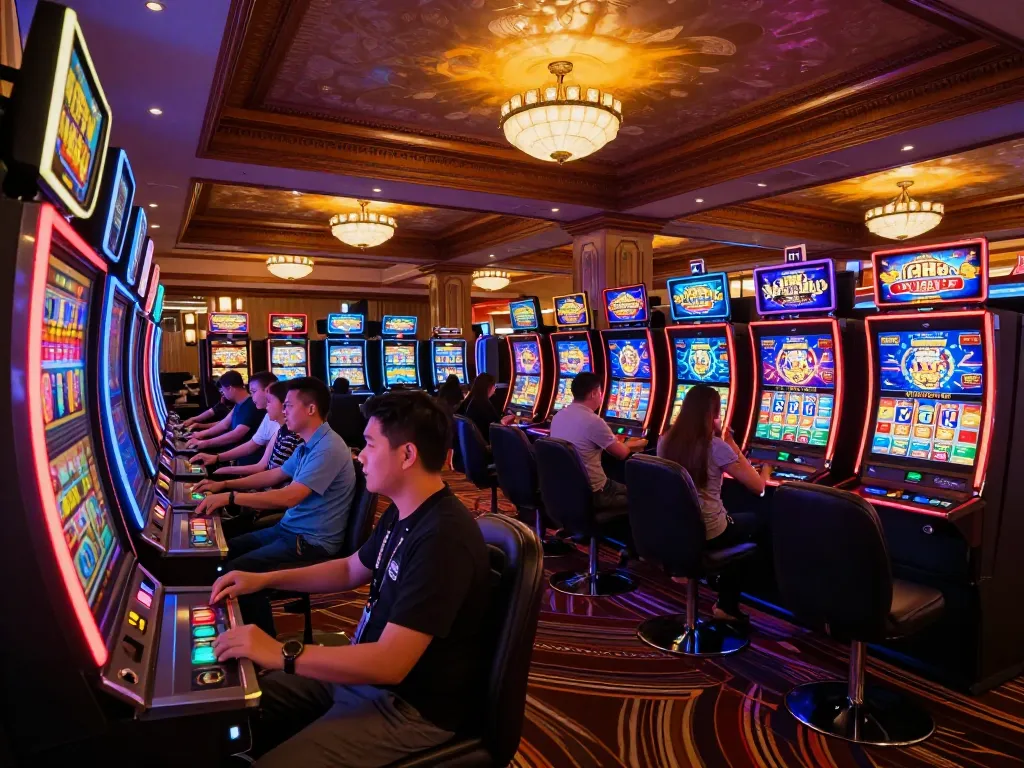 Nohu slot machine players enjoying vibrant graphics and exciting gameplay in a luxurious casino