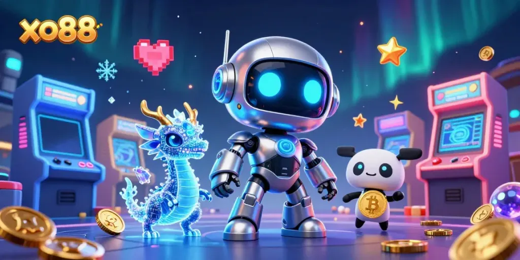 Experience the vibrant gaming world of xo88 with a futuristic cyberpunk robot, AI dragon, and more.