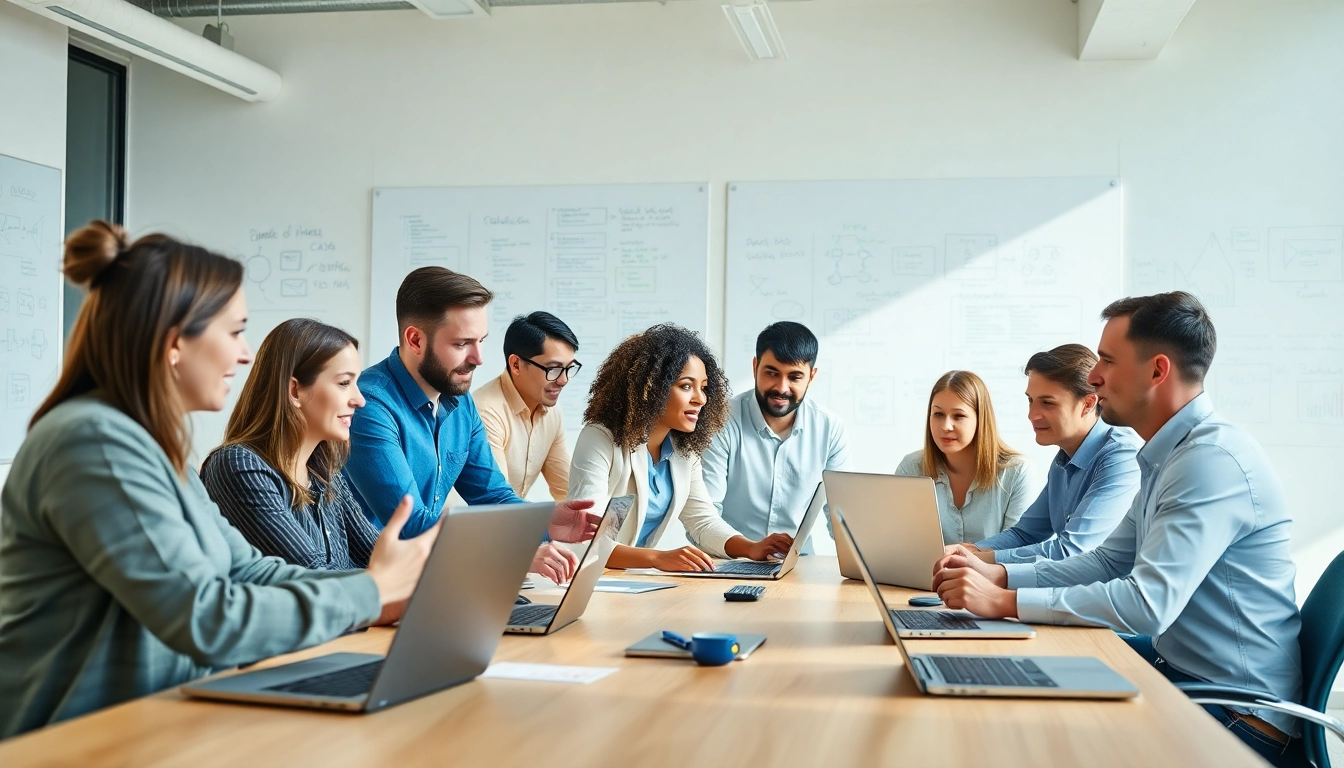 Das Bild zeigt einen Software Entwicklungsteam, das in einem modernen Büro zusammenarbeitet.