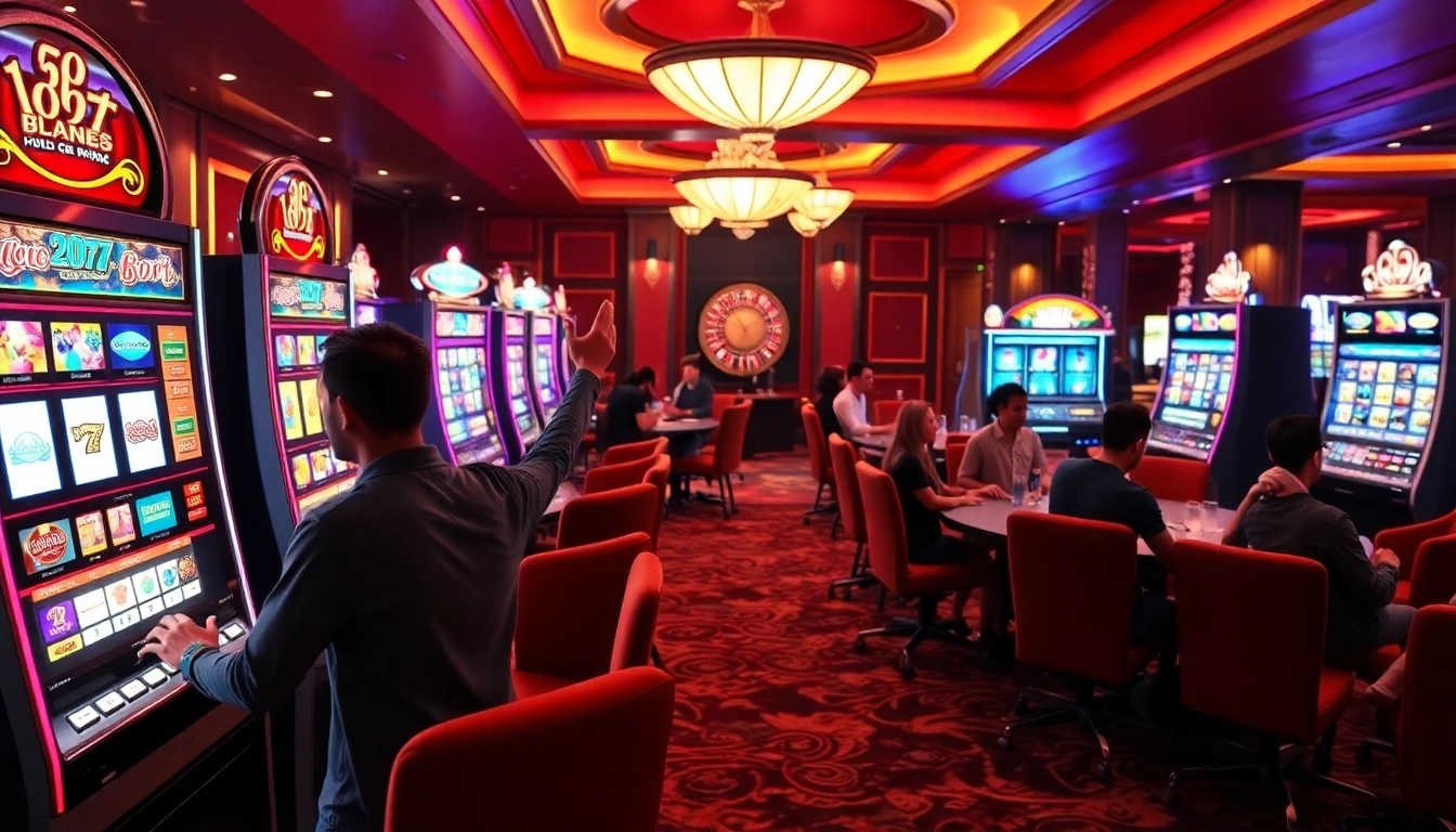 Engaged players enjoying the thrill of Slot777 slot machines in a lavish casino setting.