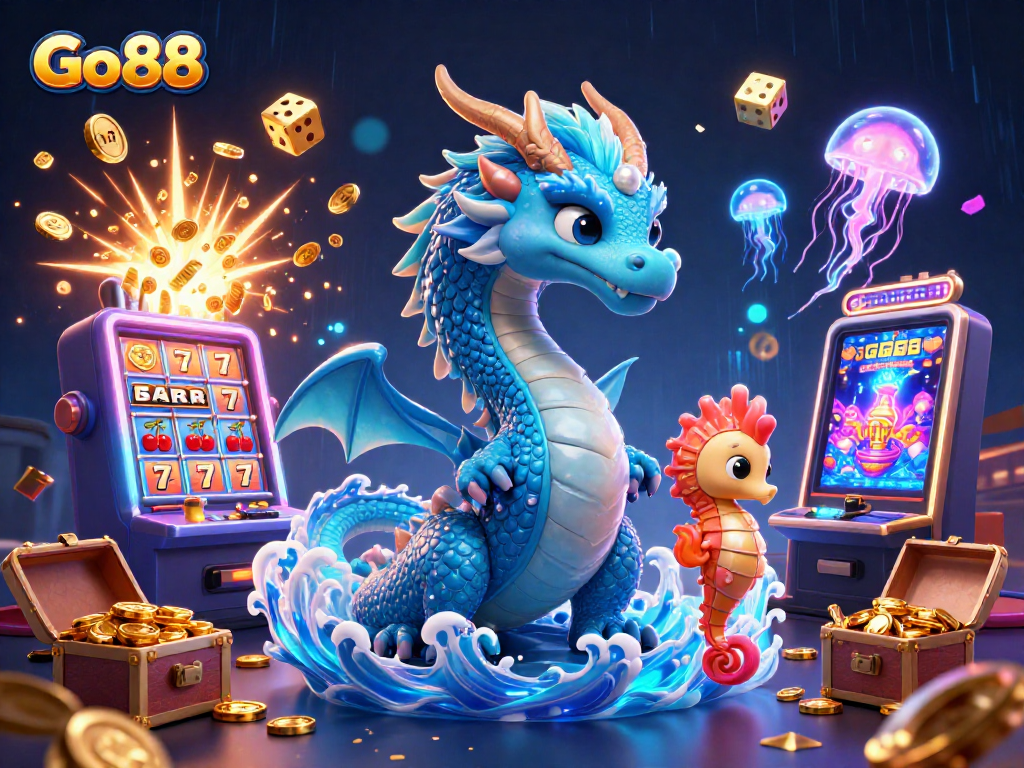 Experience the thrill of Go 88 with a vibrant 3D illustration featuring a dragon, knight, and a jackpot explosion in a dynamic casino scene.