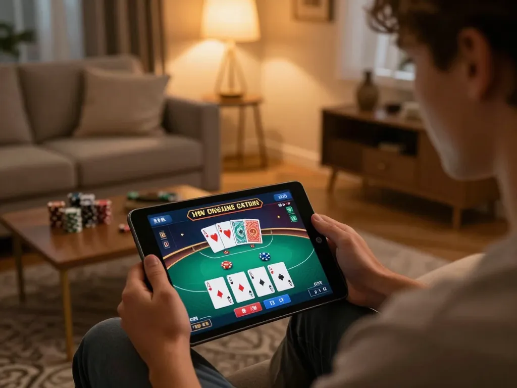 Person playing fun79 casino games on a tablet at home, showcasing strategic gameplay in a cozy environment.