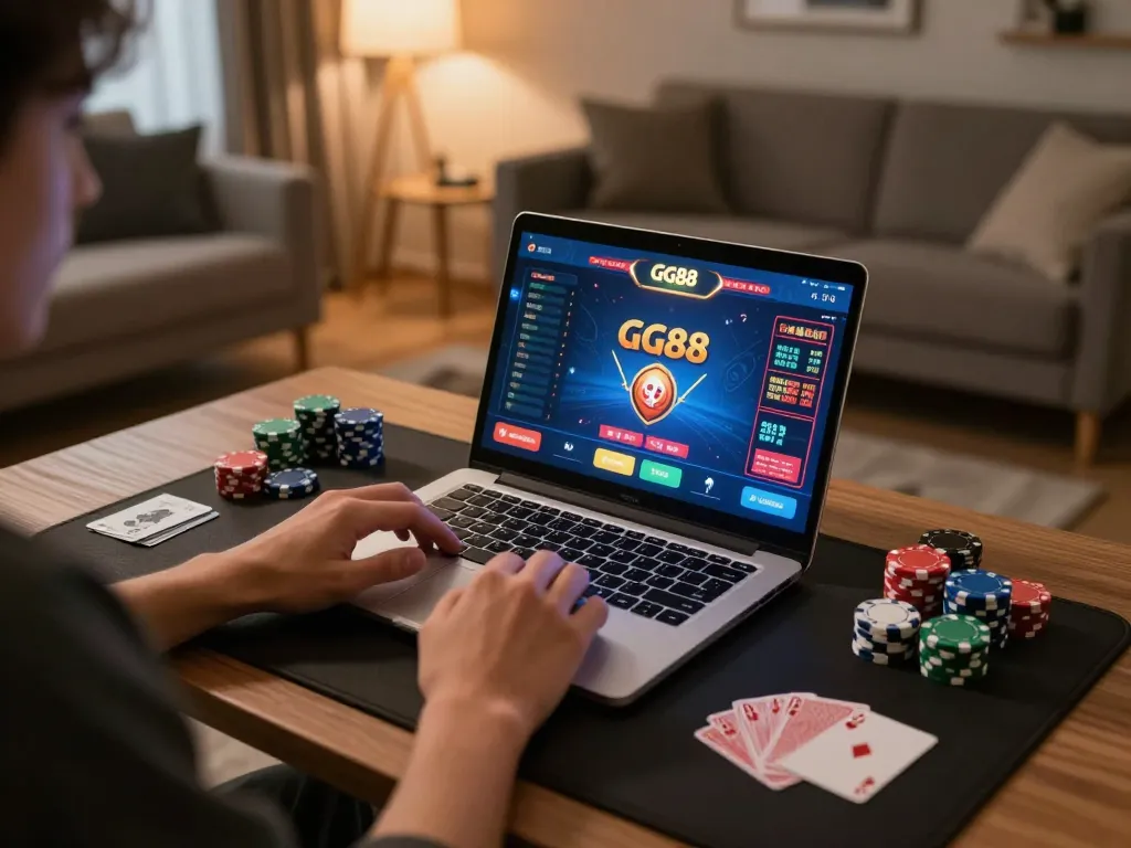The user engages with the Trang chủ GG88 platform on their laptop during an exciting gaming session at home