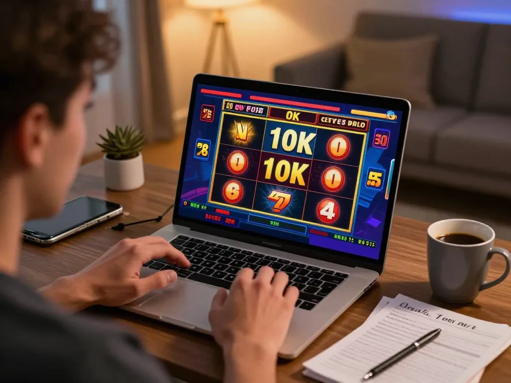 Engaging player enjoying the vibrant slot 10k game in a cozy home setup.