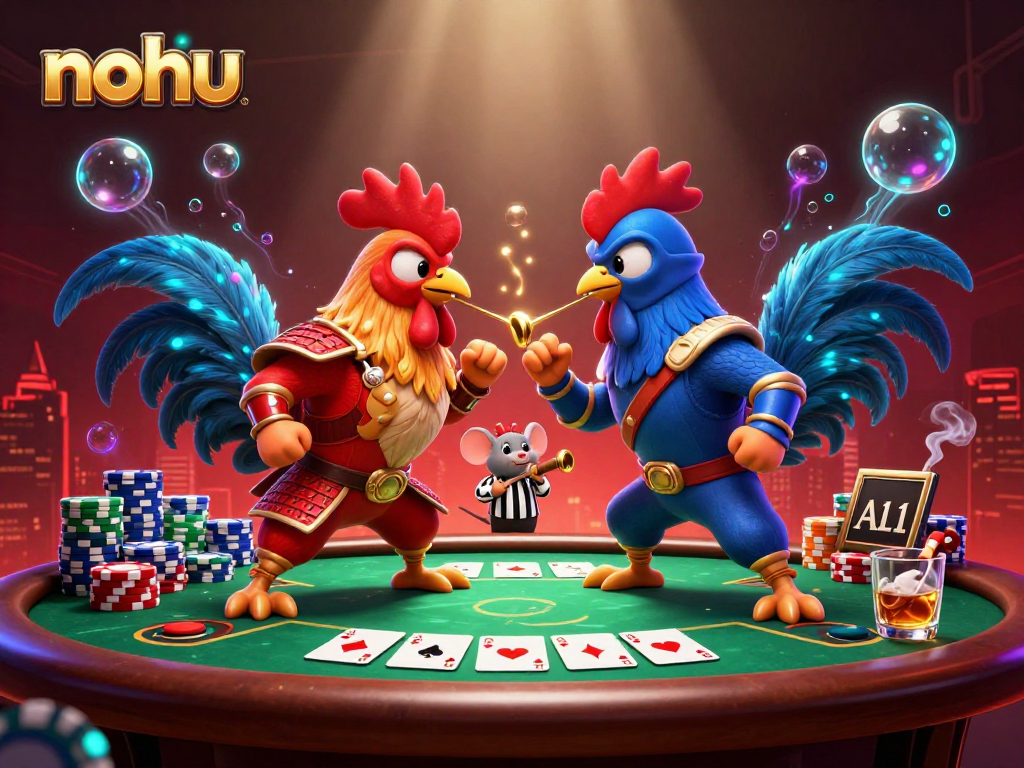 Experience a thrilling nohu showdown with roosters in a vibrant 3D casino scene.