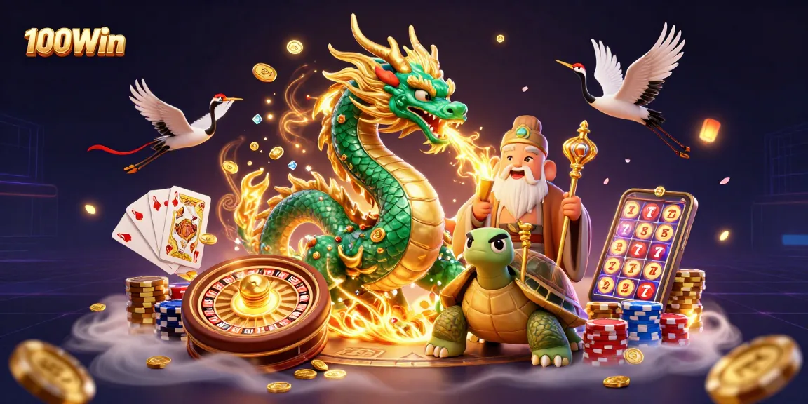 Win big at 100Win with immersive casino fantasy featuring dragons, coins, and vibrant characters.