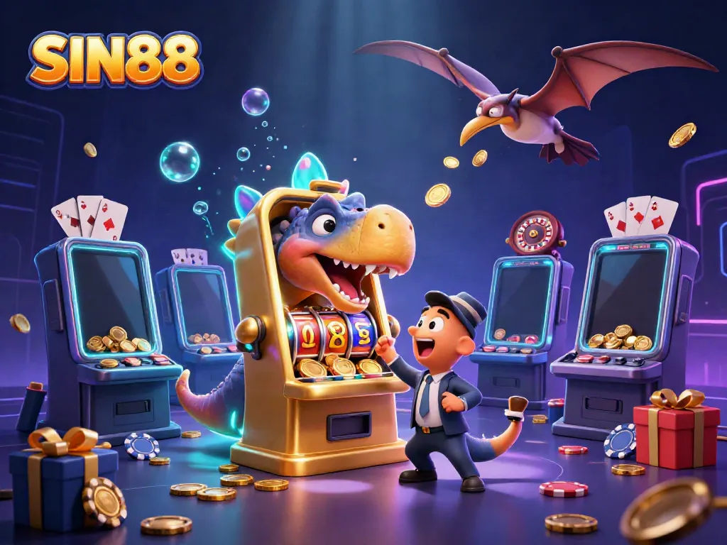 SIN88 creates excitement as a dinosaur interacts with a golden slot machine, showcasing the thrill of online gambling.