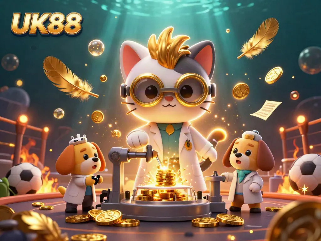 Engage in thrilling sports betting with UK88's dynamic 3D illustrated scene featuring vibrant casino elements