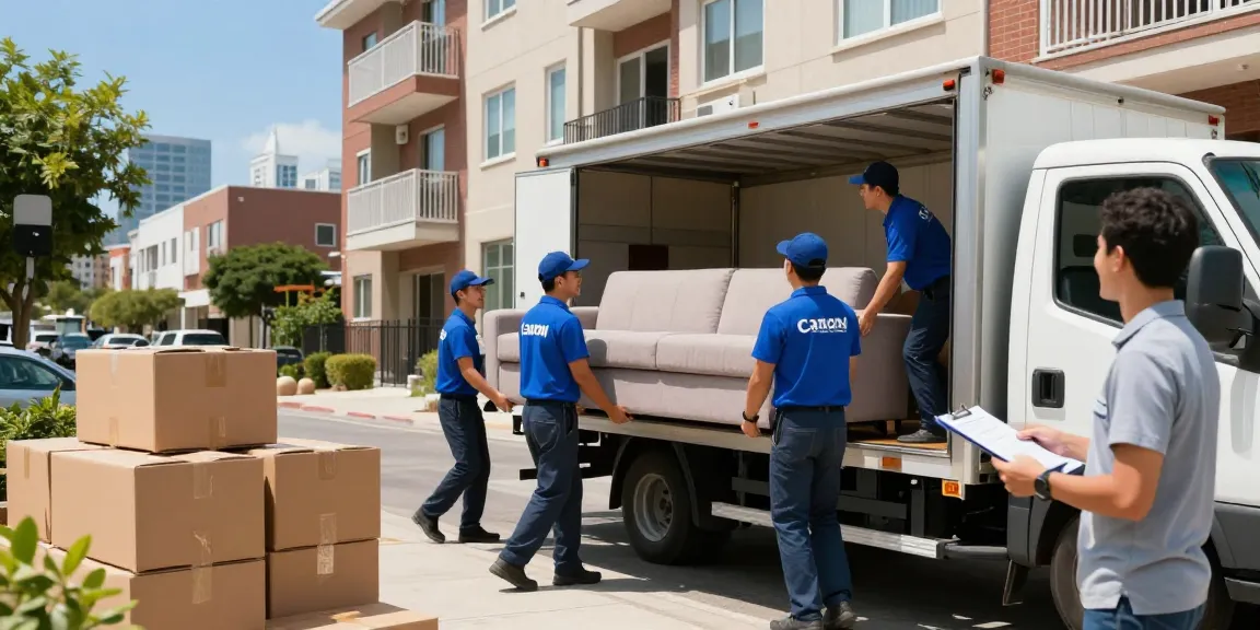 Umzugsunternehmen Ludwigshafen, professionelle Umzugshelfer heben ein Sofa in einen Umzugswagen, freundliche Atmosphäre und effizienter Service.