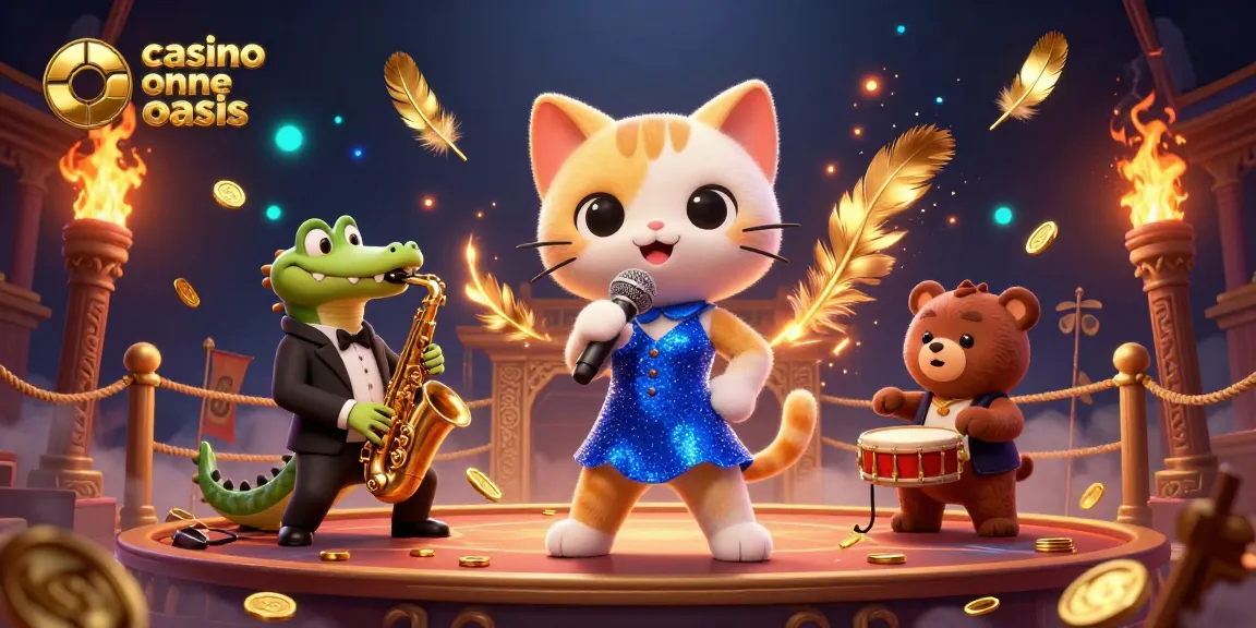 Experience vibrant gaming action in a lively scene with a jazz-singer cat and friends at a casino ohne oasis.