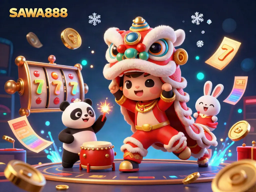 SAWA888 presents a vibrant casino-themed celebration with animated characters and dynamic slot game elements.