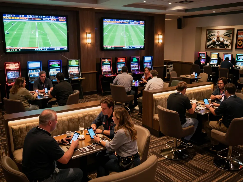 Betting on ฟุตบอล at a lively casino sports lounge with multiple screens and engaged patrons