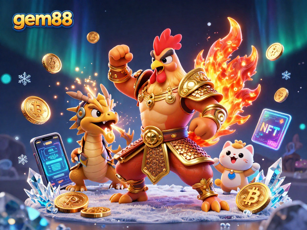 Experience excitement with gem88's powerful rooster warrior and dragon in a vibrant casino scene.