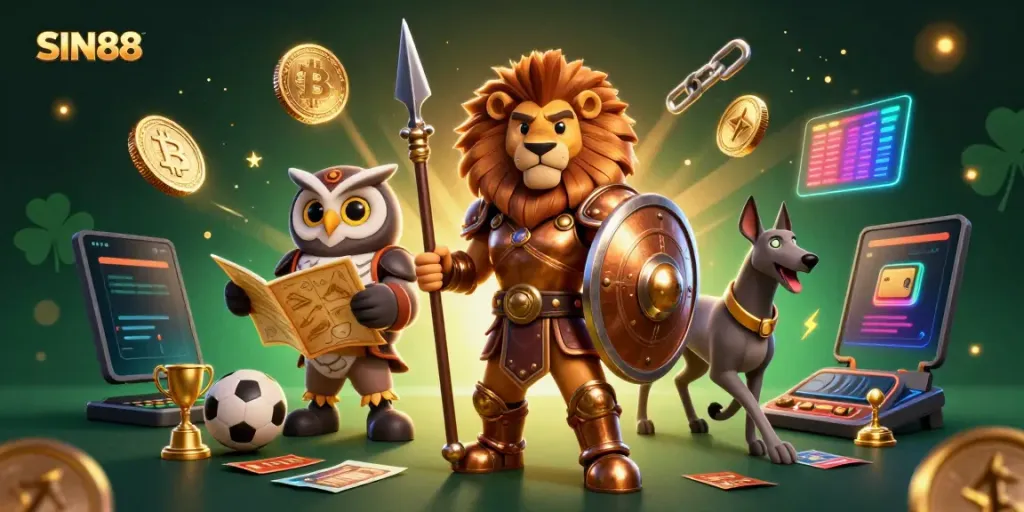 SIN88 showcases dynamic betting with a Spartan lion, owl strategist, and greyhound, filled with vibrant sports elements.