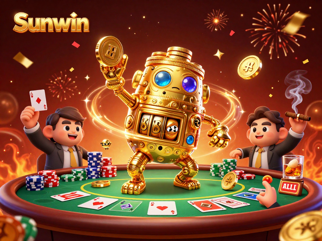 Sunwin showcases a lively casino scene with a dynamic golden golem amidst poker elements.