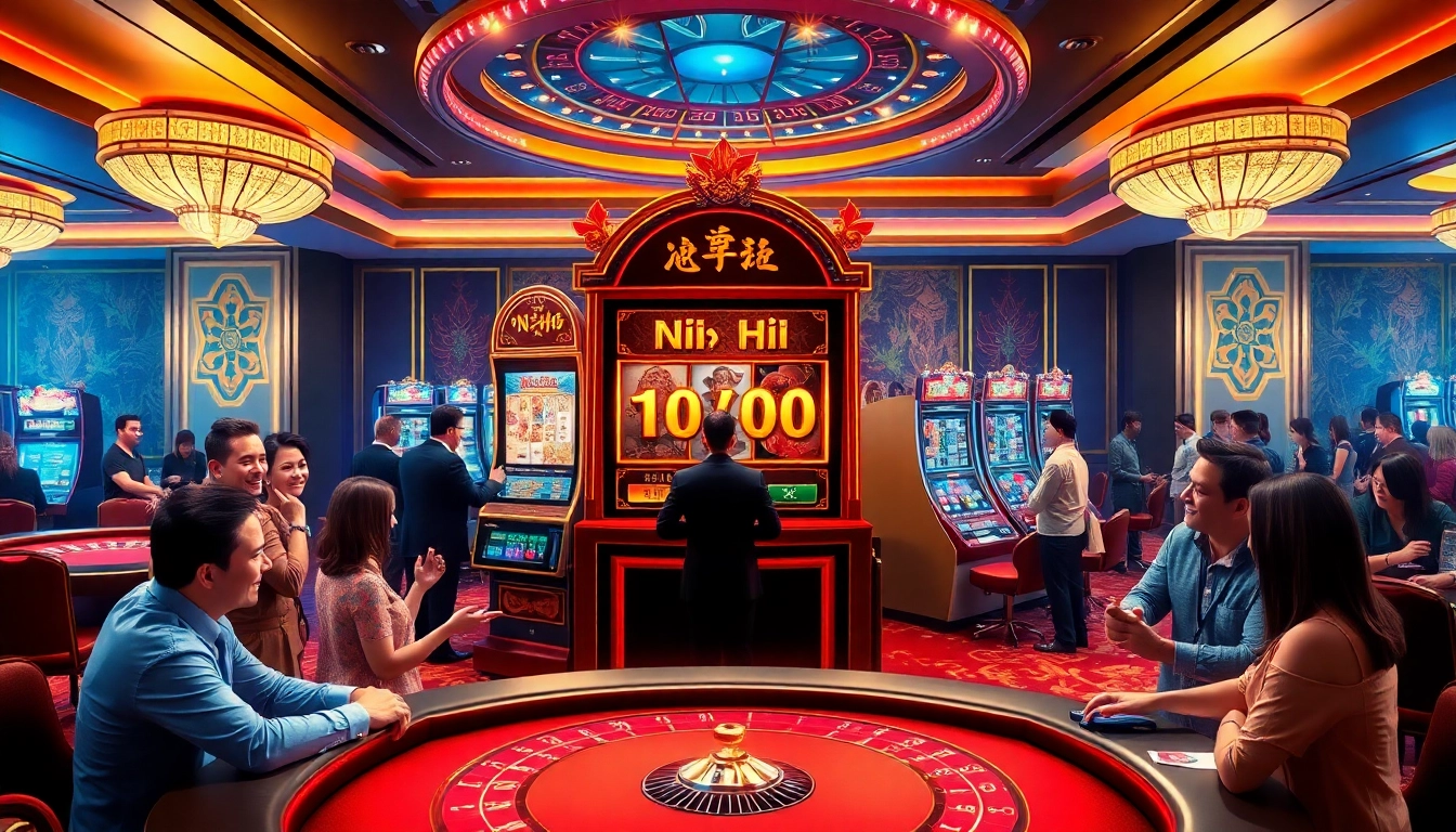 Engaging players around a vibrant nổ hũ slot machine in a luxurious casino setting, showcasing jackpot excitement.