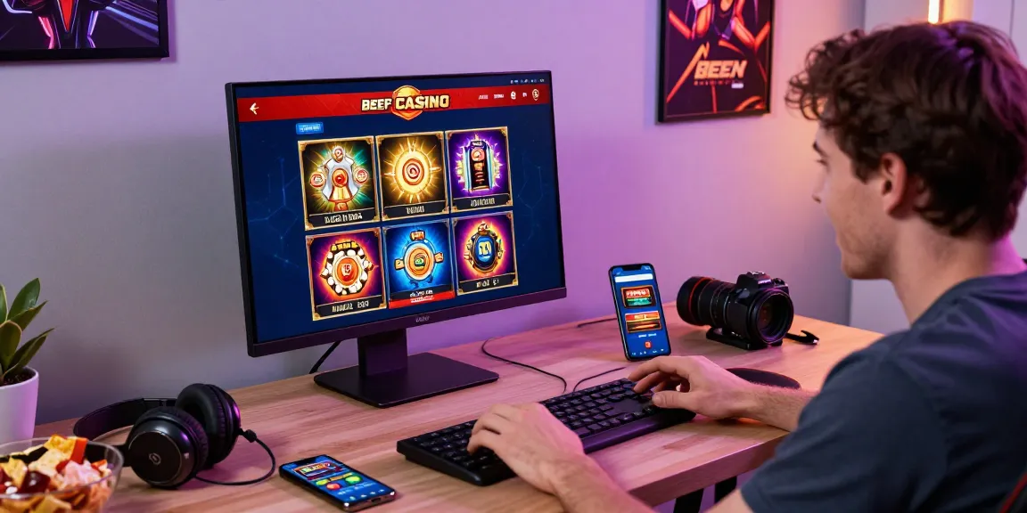 Spieler im Beef Casino genießt vielfältige Spiele in modernem Online-Casino-Setup mit gemütlicher Atmosphäre.