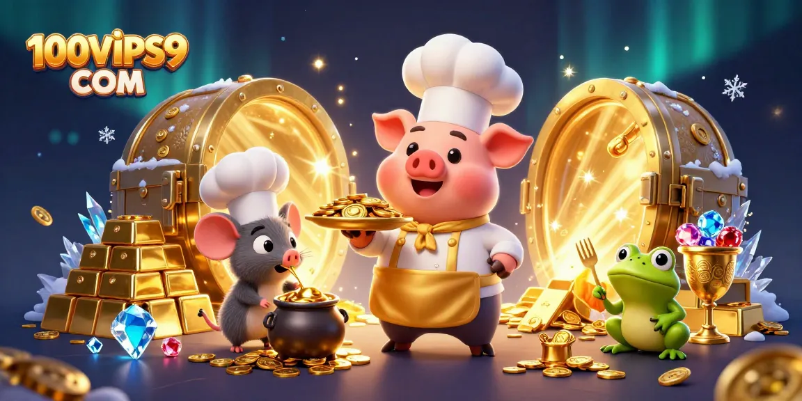 Engage with 100VIPS9 COM in a dynamic casino scene featuring a chef pig serving gold coins.