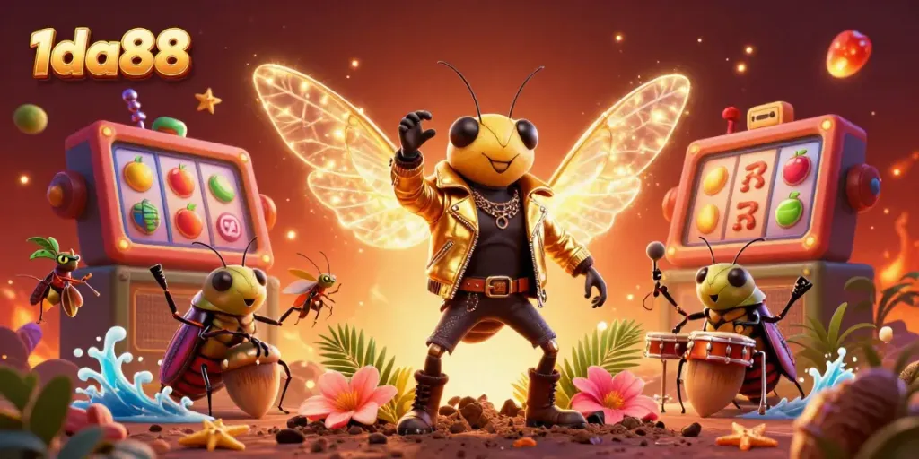 Immerse in 1da88's vibrant casino scene with a rock star cicada, a beetle drummer, and lively slot elements.