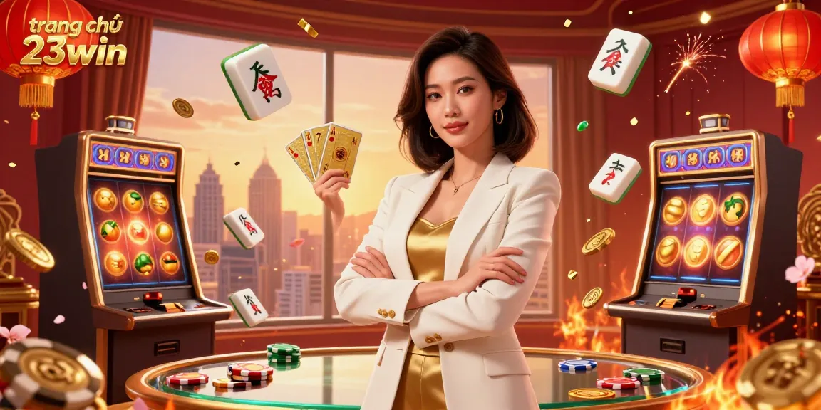 Experience the electrifying energy of trang chủ 23win showcasing a glamorous Asian businesswoman amidst a vibrant casino scene.
