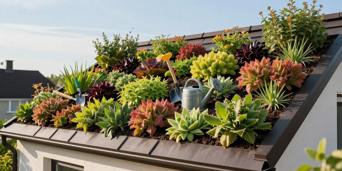 Ein atemberaubender Schrägdachgarten mit lebhaften Sedum-Pflanzen auf einem sonnigen Dach.