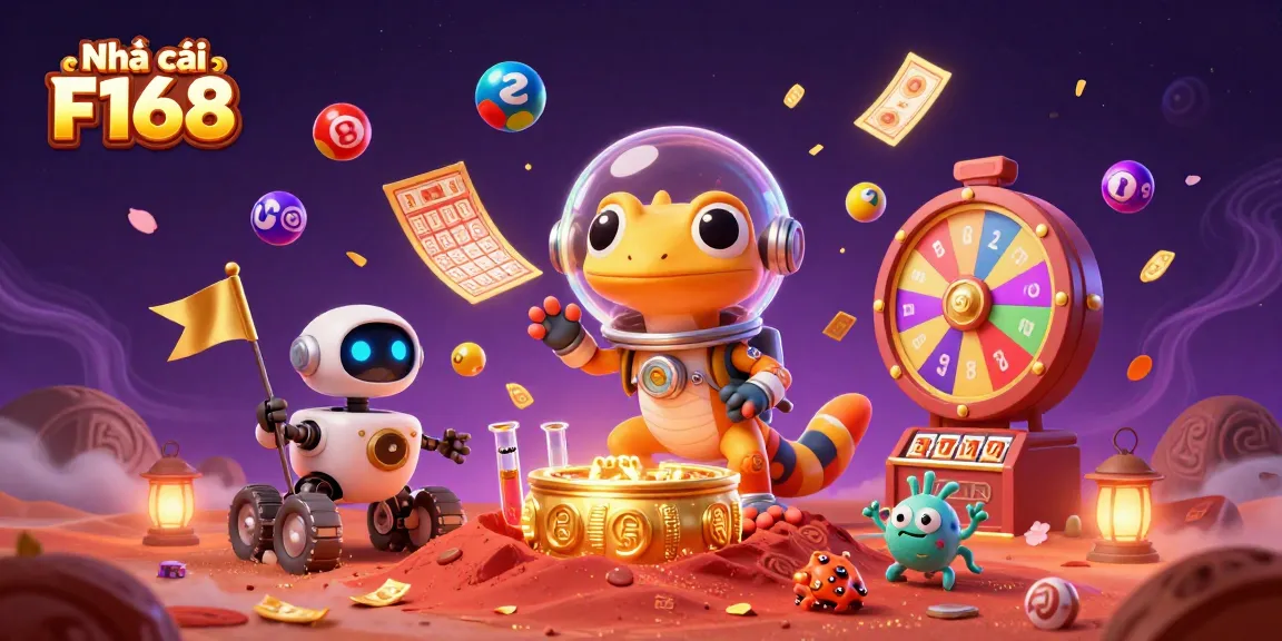 Engaging scene showcasing Nhà cái F168 casino dynamics with a Martian gecko and lottery excitement.