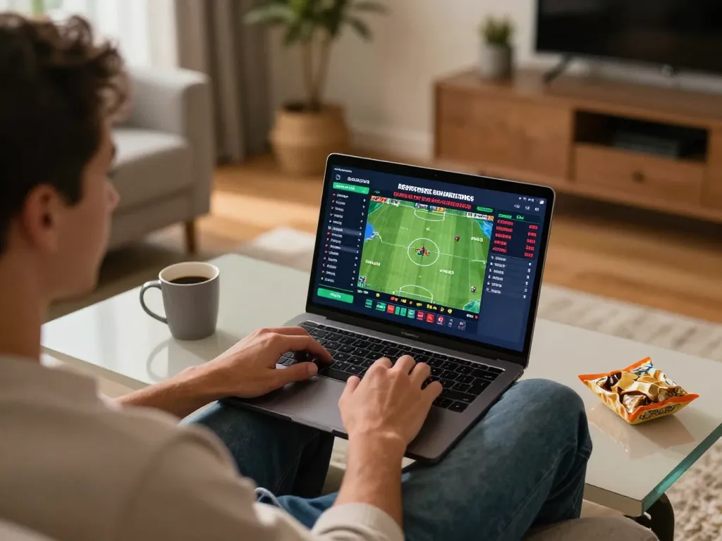 Person enjoying sports betting with sin88 on a laptop in a cozy home setup, showcasing live game odds and statistics.