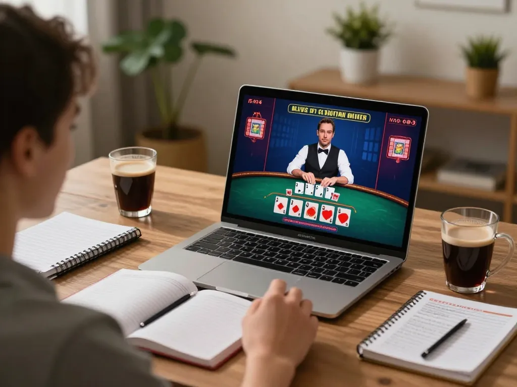 Engaged player enjoying dn88 live blackjack game on laptop in modern home office.