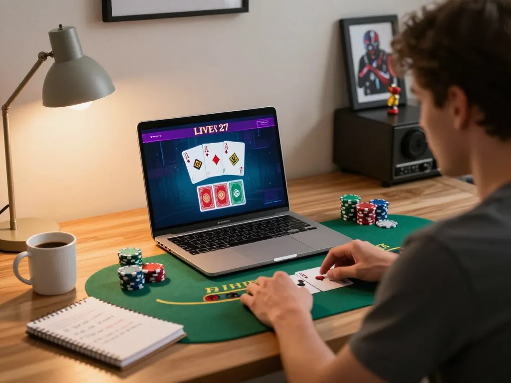Action-packed gameplay on trang chủ mm88 displaying live dealer blackjack on a laptop screen.