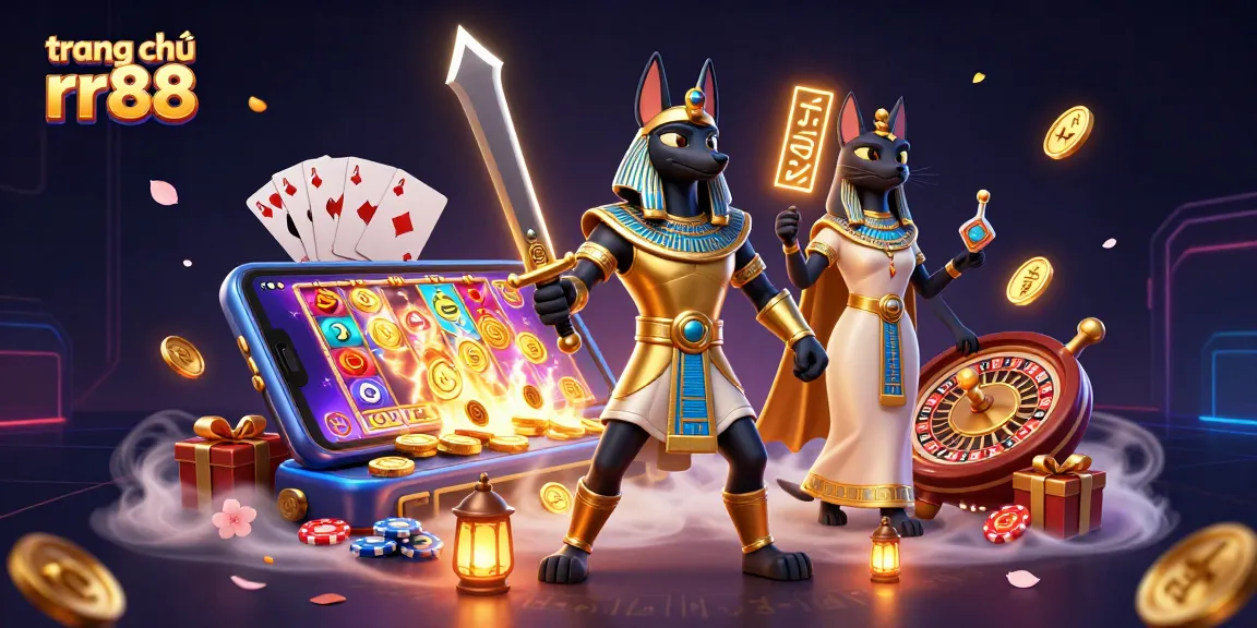 Experience winning with trang chủ rr88 in a vibrant 3D casino illustration featuring Anubis and Bastet.