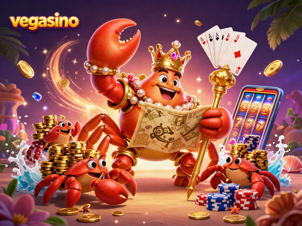 Experience thrilling casino excitement at vegasino with a vibrant scene of a golden crab emperor and sparkling treasures.