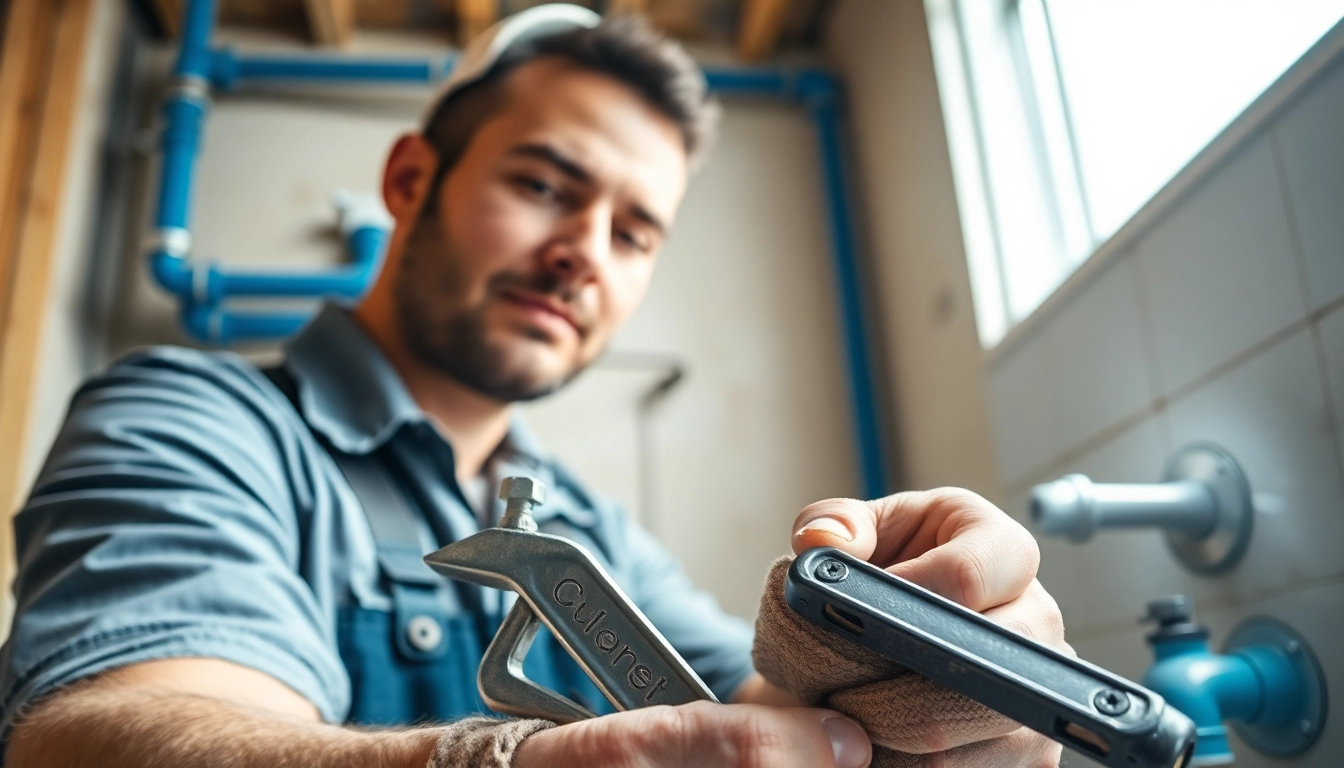 Plumber repairing pipes with professional tools in a well-lit bathroom setting.